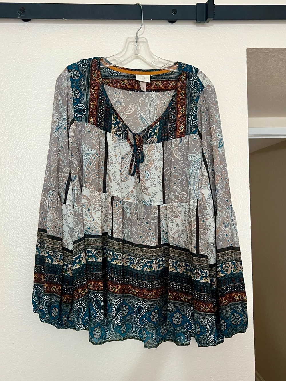 Knox Rose Boho Teal,Cream & Rust Paisley Tie-Neck Blouse Cottagecore Women’s 2XL